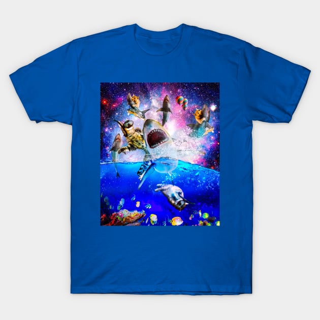 Rainbow Galaxy Cat Riding Shark In Space T-Shirt by Random Galaxy